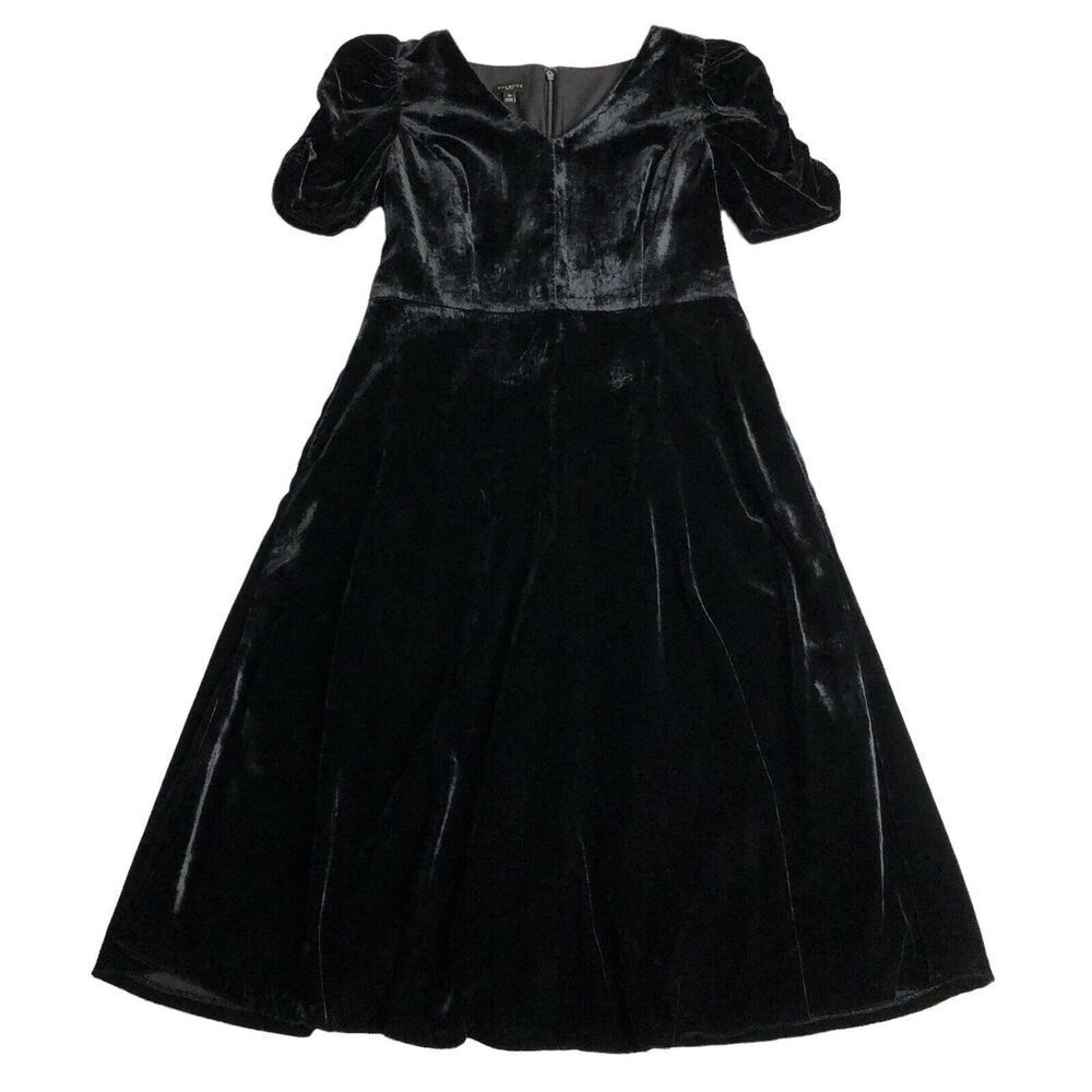 Talbots Dress Womens Petite 2 Black Velvet Fit & Flare Ruched Sleeve Zip Y2K 90s